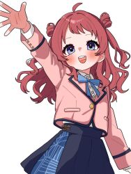 1girl ahoge blue_ribbon blue_skirt blush buttons gakuen_idolmaster hair_bun hanami_saki hand_up haru_maron hashtag-only_commentary highres idolmaster jacket long_hair long_sleeves looking_at_viewer neck_ribbon open_mouth pink_jacket purple_eyes red_hair ribbon side_up_bun simple_background skirt smile solo standing white_background