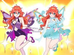 2girls ahoge alternate_costume aqua_dress aqua_eyes aqua_nails bad_id bad_twitter_id bare_legs bare_shoulders black_bra black_skirt bloom_(winx_club) blue_choker blue_gloves blue_sandals blue_skirt blue_wings boots bottle bra censored center_opening chocofish choker clenched_hand clothing_cutout collar commentary dark_bloom_(winx_club) detached_collar dress dual_persona elbow_gloves emphasis_lines enchantix english_commentary eyelashes eyeshadow fairy fairy_wings floating_clothes flying frilled_choker frills glitter gloves gold_tiara hair_between_eyes heart heart_censor heart_choker heart_print high-waist_skirt high_collar high_heel_boots high_heels highres instagram_username leg_up light_blush lipstick long_hair magical_girl makeup messy_hair microskirt mini_tiara miniskirt motion_blur multiple_girls nail_polish navel orange_hair parted_lips pink_eyeshadow pink_lips purple_collar purple_dress purple_gloves purple_nails purple_sandals purple_wings red_lips sandals see-through_clothes see-through_gloves short_dress skirt skirt_under_dress smile smirk sparkle stomach_cutout tareme teeth toenail_polish toenails toes torn_clothes torn_dress twitter_username underwear v-shaped_eyebrows very_long_hair watermark wings winx_club yellow_background
