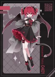 1girl alternate_costume ankle_boots bare_shoulders belt belt_buckle black_boots black_dress black_wings boots buckle character_name commentary dress drill_hair frilled_dress frills full_body grey_background hand_on_own_chest highres horns jacket kasane_teto long_sleeves looking_at_viewer mei_(meiday_mise) open_clothes open_jacket qr_code red_eyes red_hair short_dress smile solo sparkle standing symbol-only_commentary tail thigh_strap translated twin_drills utau wings