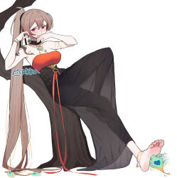Rule 34 | 1girl, absurdres, azur lane, bare shoulders, blush, brown hair, collar, feet, high-waist skirt, highres, jean bart (azur lane), lan mao akko, long hair, ponytail, red eyes, shirt, skirt, soles, strapless, strapless shirt, tickling, tickling feet, toes, very long hair, white background