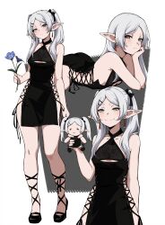 1girl :/ :3 =_= absurdres alternate_costume alternate_hairstyle black_dress black_shoes blue_flower breasts character_doll clothing_cutout commentary doll dress earrings elf floating_earrings flower frieren full_body green_eyes grey_hair grin hair_down hair_over_shoulder highres holding holding_doll holding_flower jewelry kekel long_hair long_pointy_ears looking_at_viewer lying meme multiple_views on_stomach parted_bangs pointy_ears shoes side-tie_dress side_slit small_breasts smile sousou_no_frieren strappy_heels teardrop_earrings thick_eyebrows thighs twintails underboob_cutout white_background you_can_just_give_this_kind_of_thing_to_men_and_they_will_be_thrilled_(meme)