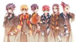 6+boys aqua_eyes black_eyes black_hair blonde_hair blue_eyes blue_neckwear book crossed_arms crossover earrings facial_mark gaara_(naruto) green_neckwear grin hand_on_own_hip harry_potter_(series) hyuuga_neji jewelry kinei441 long_hair male_focus multiple_boys nara_shikamaru naruto_(series) naruto_shippuuden necktie red_hair red_neckwear sai scarf school_uniform short_hair simple_background smile standing striped_clothes striped_neckwear striped_scarf uchiha_sasuke uzumaki_naruto wizarding_world yellow_neckwear