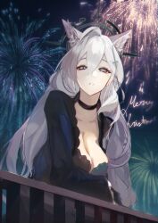 1girl against_railing ahoge animal_ear_fluff animal_ears black_choker black_dress black_halo blue_archive blue_eyes breasts choker cleavage commentary cross_hair_ornament dress english_commentary extra_ears fireworks from_below grey_hair hair_between_eyes hair_ornament halo highres large_breasts long_hair long_sleeves looking_at_viewer merry_christmas mismatched_pupils monlogi railing shiroko_(blue_archive) shiroko_terror_(blue_archive) single_hair_intake solo wolf_ears