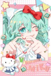 Rule 34 | 1girl, animal ears, aqua eyes, aqua hair, bow, cat ears, character name, commentary, drawn whiskers, english text, food-themed hair ornament, hair bow, hair ornament, hairband, hatsune miku, heart, heart hands, hello kitty, hello kitty (character), highres, long hair, nail polish, one eye closed, open mouth, project sekai, red bow, red nails, sanrio, smile, sparkle, sparkle print, spring onion, spring onion hair ornament, star (symbol), star print, sunfish3939, symbol-only commentary, teeth, twintails, vocaloid, whiskers, white hairband