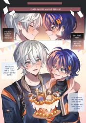 1boy 1girl 3others absurdres artist_name bandana bandana_around_neck bangboo_(zenless_zone_zero) bangboo_18_(zenless_zone_zero) bangboo_6_(zenless_zone_zero) belle_(zenless_zone_zero) birthday_cake black_hoodie black_shirt blue_hair blue_jacket brother_and_sister cake candle closed_eyes closed_mouth commentary crossed_bangs english_commentary english_text eous_(zenless_zone_zero) felichiii food green_eyes grey_hair hair_between_eyes highres hood hooded_jacket hoodie jacket multiple_others open_mouth orange_bandana shirt siblings speech_bubble twitter_username wise_(zenless_zone_zero) zenless_zone_zero