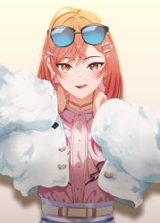 Rule 34 | 1girl, absurdres, belt, eyewear on head, fur jacket, hands on own neck, highres, hololive, hololive dev is, ichijou ririka, ichijou ririka (1st costume), jacket, knew nothing, long hair, looking at viewer, orange eyes, orange hair, pink shirt, shirt, shirt tucked in, solo, sunglasses, tongue, tongue out, virtual youtuber, white jacket