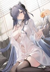 Rule 34 | 1girl, 1nstill, absurdres, august von parseval (azur lane), august von parseval (the unhulde&#039;s midday respite) (azur lane), azur lane, black choker, black garter straps, black horns, black thighhighs, blush, breasts, choker, cleavage, cross, cross choker, curled horns, garter straps, hair over one eye, highres, horns, large breasts, long hair, looking at viewer, mechanical horns, navel, official alternate costume, one eye covered, parted lips, purple eyes, purple hair, see-through clothes, see-through shirt, shirt, sidelocks, sitting, solo, thighhighs, very long hair, white shirt