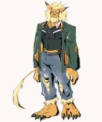 1boy alternate_costume animal_ears animal_feet beard belt black_vest claws contemporary crop_top denim digimon digimon_(creature) facial_hair fashion furry furry_male jacket jeans karina_farek leomon lion lion_boy lion_ears lion_mane lion_tail male_focus open_clothes open_jacket pants tail torn_clothes torn_jeans torn_pants vest