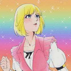1girl bishie_sparkle blonde_hair blouse blush byackopath_(artist) clenched_hand commentary_request fabulous fabulous_secret_powers_(meme) genderswap genderswap_(mtf) green_eyes highres looking_afar masters_of_the_universe meme open_mouth pink_vest prince_adam rainbow retro_artstyle shirt short_hair solo sparkle upper_body vest white_shirt
