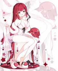 &gt;_&lt; 1girl :d absurdly_long_hair akane_lize barefoot blonde_hair blush breasts cleavage commentary_request fang full_body highres korean_commentary large_breasts long_hair looking_at_viewer mole mole_on_cheek multicolored_hair nail_polish open_mouth outline pienna_(akane_lize) pink_slippers red_hair red_nails simple_background sitting slippers smile solo stellive streaked_hair subin_(subin_2011) toenail_polish toenails unworn_slippers very_long_hair virtual_youtuber white_background white_outline xd zoom_layer