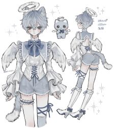 Rule 34 | 1boy, absurdres, animal ears, blue bow, blue bowtie, blue gemstone, blue ribbon, blush, boots, bow, bowtie, cat boy, cat ears, cat tail, character profile, closed mouth, cowboy shot, cross-laced clothes, cross-laced top, crossed arms, feathered wings, frilled cuffs, frilled shirt, frilled thigh strap, frills, from behind, full body, fur halo, gem, grey eyes, grey hair, grey shorts, grey tail, grey thighhighs, hair between eyes, halo, highres, juliet sleeves, leg ribbon, long sleeves, looking at viewer, looking back, male focus, open mouth, original, oysi mysi, puffy sleeves, ribbon, shirt, short hair, shorts, simple background, single thighhigh, slit pupils, sparkle, sparkling aura, tail, thigh boots, thigh ribbon, thigh strap, thighhighs, twitter username, white background, white boots, white halo, white shirt, white wings, wings