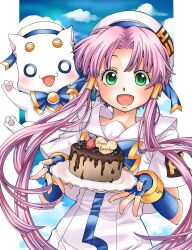 1girl :d aria_(manga) aria_company_uniform aria_pokoteng beret blue_bow blue_bowtie blue_gloves blue_ribbon blue_sky blush border bow bowtie bracelet cake cloud cloudy_sky cowboy_shot day dress eyelashes fingerless_gloves food gloves gold_trim green_eyes hair_tubes happy_birthday hat hat_ribbon highres holding jewelry looking_at_viewer mizunashi_akari open_mouth parted_bangs pink_hair ribbon sailor_collar short_hair_with_long_locks short_sleeves sky smile tragicrhyme white_border white_dress white_hat