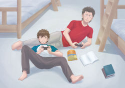 2boys ace_of_diamond barefoot bed food kuramochi_youichi lying_on_person male_focus multiple_boys pants sawamura_eijun siroki smile tagme teeth