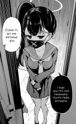 Rule 34 | 1girl, absurdres, blood, blood on leg, blue archive, clover dot (clov erd), covered mouth, delinquent, doorway, english text, halo, highres, long hair, long sleeves, looking at viewer, mask, mouth mask, neckerchief, pleated skirt, shirt, side ponytail, skirt, solo, speech bubble, standing, sukeban, sukeban (smg) (blue archive), surgical mask