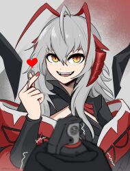 1girl absurdres antenna_hair arknights chez_(m4hche3zy) commentary english_commentary explosive grenade grenade_pin heart highres holding holding_grenade horns jacket multicolored_hair open_mouth red_hair red_horns red_jacket solo_focus teeth tongue trembling two-tone_hair upper_teeth_only w_(arknights) white_hair wis&#039;adel_(arknights) yellow_eyes