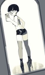 Rule 34 | 1girl, ass, black boots, black hair, black shorts, boots, breasts, cellphone, chikuwa fan973, full body, glasses, grey eyes, grey thighhighs, high heel boots, high heels, highres, looking at viewer, medium breasts, original, phone, round eyewear, selfie, semi-rimless eyewear, sharp teeth, short hair, short shorts, shorts, smartphone, smile, solo, teeth, thighhighs, tongue, tongue out, under-rim eyewear, upper teeth only