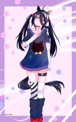 Rule 34 | 1girl, absurdres, ahoge, animal ears, animal print, black choker, black hair, cat print, choker, ear covers, earrings, hair between eyes, hair ornament, hair scrunchie, hand on own chest, hand up, head tilt, highres, horse ears, horse girl, horse tail, jewelry, leg warmers, long hair, long hair between eyes, manhattan cafe (umamusume), multicolored hair, multiple earrings, nachi atelier, no pants, o-ring, o-ring thigh strap, parted lips, pink scrunchie, purple leg warmers, purple shirt, red shoes, scrunchie, shirt, shoes, short sleeves, signature, single ear cover, solo, tail, thigh strap, thighhighs, twintails, twitter username, umamusume, very long hair, white arm warmers, white hair, white thighhighs, yellow eyes