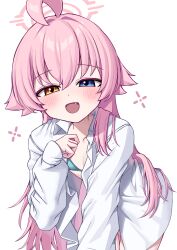 1girl :d absurdres ahoge alternate_costume bikini blue_archive blue_bikini blush cowboy_shot fang halo heterochromia highres hoshino_(blue_archive) leaning_forward loli long_hair long_sleeves looking_at_viewer metaljelly open_clothes open_mouth open_shirt pink_hair pink_halo shirt smile solo swimsuit thigh_gap white_background white_shirt