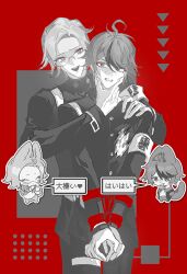 2boys :d absurdres ahoge aizendai aotsuki_eito armband bound bound_arms buttons chibi chibi_inset chinese_commentary chinese_text clenched_teeth dots gakuran glasses grey_background greyscale_with_colored_background hand_on_another&#039;s_chin hand_on_another&#039;s_shoulder highres hole_in_chest hole_on_body large_hands last_defense_academy_school_uniform looking_at_another male_focus multiple_boys open_mouth red_background red_ribbon ribbon school_uniform short_hair smile speech_bubble spot_color square sumino_takumi teeth the_hundred_line_-last_defense_academy- triangle two-tone_background upper_teeth_only
