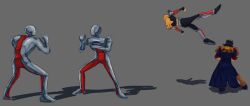 Rule 34 | bahn, black hair, blonde hair, blue jacket, clone, detached sleeves, faceless, faceless male, facing away, fighting stance, fighting vipers, floating, grey background, highres, jacket, long hair, pepsi, pepsiman, raxel (fighting vipers), sega, selphkatsu, shiny skin, shoulder pads, simple background, tagme