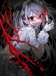 Rule 34 | 1girl, absurdres, black background, blood, blood splatter, blood wings, breasts, candle, dress, grey hair, headdress, highres, holding, holding candle, maronrice, mask, messy hair, mouth mask, original, pointy ears, red eyes, red fire, red wings, small breasts, solo, torn clothes, white dress, wings