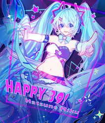Rule 34 | 1girl, 39, absurdres, ahoge, aqua eyes, aqua hair, black thighhighs, bow, bowtie, breasts, character name, cleavage, hair between eyes, hair ornament, hatsune miku, highres, holding, holding wand, idol, idol clothes, long hair, medium breasts, midriff, miku day, muse dash, navel, official alternate costume, official alternate hairstyle, open mouth, pink nails, smile, solo, star (symbol), star hair ornament, stomach, strapless, thighhighs, tube top, twintails, vocaloid, wand, white tube top, yiluedale
