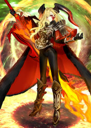 1girl armor armored_boots black_gloves black_horns black_pantyhose blonde_hair boots breasts fate/grand_order fate_(series) fire flaming_sword flaming_weapon full_body gloves high_heel_boots high_heels holding holding_sword holding_weapon horns long_hair nero_claudius_(fate) official_art pantyhose pointy_ears queen_draco_(fate) queen_draco_(third_ascension)_(fate) red_eyes red_scales scales solo sword third-party_source wada_arco weapon