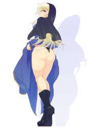 1girl ass black_panties blonde_hair blue_dress blue_eyes blush clothes_lift dress dress_lift from_behind goeniko habit highres lifting_own_clothes long_hair long_sleeves looking_at_viewer looking_back m.u.g.e.n panties shadow side-tie_panties simple_background solo svc_chaos tami_shichi the_king_of_fighters the_king_of_fighters_&#039;96 thong underwear white_background