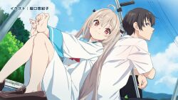 1boy 1girl atri atri-my_dear_moments- back-to-back blue_sailor_collar blush brown_eyes brown_hair cloud commentary_request end_card guest_art hand_on_own_knee horiguchi_yukiko ikaruga_natsuki loafers long_hair long_sleeves looking_back looking_to_the_side neckerchief outdoors red_neckerchief sailor_collar shirt shoes sitting sky smile straight_hair tree twintails white_shirt