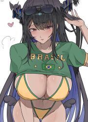 1girl absurdres adjusting_eyewear asymmetrical_horns bikini black_hair blue_hair brazilian_flag brazilian_flag_print brazilian_miku brazilian_miku_(cosplay) breasts cleavage colored_inner_hair cosplay crystal_horns dark-skinned_female dark_skin demon_horns ewn eyewear_on_head flag_print flag_print_bikini green_trim hair_ornament hatsune_miku highres hololive hololive_english horns jewelry large_breasts long_hair looking_at_viewer mole mole_under_eye multicolored_hair navel nerissa_ravencroft print_bikini red_eyes shirt simple_background smile solo sunglasses swimsuit tan tanline tanline_peek two-tone_hair uneven_horns very_long_hair virtual_youtuber vocaloid white_background yellow_bikini