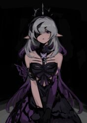 1girl 9zd1fgm7hp87066 bare_shoulders black_background black_dress black_gloves black_tiara dress gloves highres honkai:_star_rail honkai_(series) long_hair parted_lips pointy_ears polyxia_(honkai:_star_rail) purple_eyes purple_hair solo tiara