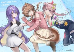 Rule 34 | 3girls, airani iofifteen, airani iofifteen (1st costume), animal ears, aran sweater, area 15, artist name, ayunda risu, ayunda risu (1st costume), badge, belt, beret, bike shorts, boots, bow, brown dress, brown hair, cable knit, clothing cutout, colored inner hair, commentary, crop top, denim overalls, double-parted bangs, dress, frilled dress, frills, fur-trimmed leg warmers, green eyes, hair between eyes, hair bow, hair bun, hair ornament, happy new year, hat, highres, hololive, hololive indonesia, hood, hooded sweater, jacket, leg warmers, long hair, long sleeves, looking at viewer, low twintails, medium dress, moona hoshinova, moona hoshinova (1st costume), multicolored hair, multiple girls, new year, overalls, paint splatter, paint splatter on face, pink eyes, pink hair, pink sweater, purple eyes, purple hair, saikako, shirt, shoulder cutout, single side bun, sleeves past wrists, smile, squirrel ears, squirrel girl, squirrel tail, striped leg warmers, suit jacket, suspenders, sweater, tail, twintails, virtual youtuber, white jacket, white shirt