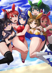 Rule 34 | absurdres, animal ears, anniversary, aqua eyes, bare legs, black hair, black leotard, black thighhighs, blue eyes, blue hair, blue leotard, blue sky, bow, bowtie, brown eyes, brown hair, cloud, detached collar, fake animal ears, futaba aoi (vividred operation), green hair, hair ornament, hair scrunchie, hasegawa (hase popopo), highres, hug, isshiki akane, isshiki momo, kuroki rei, leotard, orange eyes, orange scrunchie, pantyhose, pink hair, pink leotard, playboy bunny, purple eyes, purple scarf, rabbit ears, rabbit tail, red bow, red bowtie, red hair, red leotard, saegusa wakaba, scarf, scrunchie, shinomiya himawari, short hair, sky, socks, strapless, strapless leotard, tail, thighhighs, twintails, vividred operation, white pantyhose, white socks, wrist cuffs, yellow bow, yellow bowtie, yellow leotard