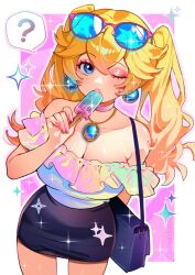 1girl absurdres bag bare_shoulders black_bag black_skirt blonde_hair blue_eyes blush breasts choker earrings eating eyewear_on_head food frills highres holding holding_food holding_popsicle jewelry large_breasts long_hair looking_at_viewer mario_(series) necklace nintendo one_eye_closed pink_choker ponytail popsicle princess_peach sachichuu shirt shoulder_bag skirt solo sphere_earrings sunglasses twintails white_shirt