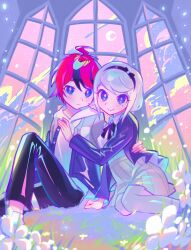 Rule 34 | 1boy, 1girl, ahoge, arm around waist, black hairband, black jacket, black pants, black ribbon, blue eyes, blush, bow hairband, collared shirt, crescent moon, flower, grass, grey hair, grey jacket, grey pantyhose, hairband, hand on another&#039;s chest, hand on ground, hetero, highres, hood, hood down, hoodie, iro (mywife sunny), jacket, kirifuji nozomi, looking at viewer, moon, multicolored hair, multicolored jacket, neck ribbon, night, on ground, pants, pantyhose, pastel colors, pink sky, pleated skirt, purple eyes, red hair, ribbon, shirt, shoes, short hair, skirt, sky, smile, straight-on, streaked hair, sumino takumi, swept bangs, the hundred line -last defense academy-, two-tone jacket, white flower, white hoodie, white shirt, window