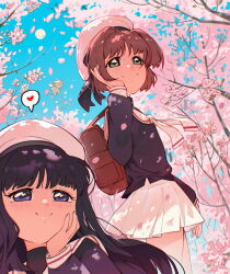 Rule 34 | 2girls, beret, black hair, brown hair, cardcaptor sakura, cesar art456, cherry blossoms, daidouji tomoyo, day, green eyes, hand on own face, hat, highres, long hair, long sleeves, multiple girls, outdoors, petals, purple eyes, school uniform, short hair, skirt, sky, smile, tree, white skirt