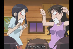 5girls angry azumanga_daiou black_hair blank_eyes breasts brown_hair buenosadidas cupboard highres indoors kagura kurosawa_minamo long_hair medium_breasts mizuhara_koyomi multiple_girls shirt subtitled t-shirt takino_tomo tanizaki_yukari teeth window