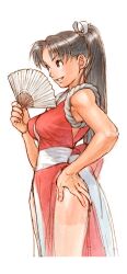1girl 2000 bare_hips bare_legs bare_shoulders breasts brown_eyes brown_hair capcom_vs_snk fatal_fury folding_fan from_side game_cg grin hand_fan hand_on_own_hip japanese_clothes large_breasts long_hair long_legs ninja nishimura_kinu non-web_source official_art pelvic_curtain ponytail revealing_clothes shiranui_mai simple_background smile socks solo standing tabi the_king_of_fighters white_background