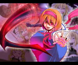 1girl alice_margatroid blue_dress bois_de_justice bow bowtie capelet commentary_request cookie cookie_(touhou) dies_irae dress food frilled_hairband frills full_body hair_between_eyes hairband heart heart-shaped_cookie heart-shaped_food highres hinase_(cookie) jumping kirisame_marisa letterboxed long_bangs looking_at_viewer manatsu_no_yo_no_inmu open_mouth orange_hair pink_bow pink_bowtie pink_hairband reaching reaching_towards_viewer red_eyes shika_miso shinza_bansho_series shirt short_hair sleeveless sleeveless_dress smile solo touhou uzuki_(cookie) white_capelet white_shirt