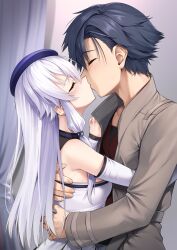 1boy 1girl absurdres altina_orion beret black_hair blue_hat blush brown_jacket closed_eyes commentary_request commission couple detached_sleeves dress eiyuu_densetsu facing_another gloves hat henria hetero highres hug indoors jacket kai_no_kiseki kiss kuro_no_kiseki_(series) long_hair open_clothes open_jacket rean_schwarzer short_hair sidelocks skeb_commission white_dress white_gloves white_hair