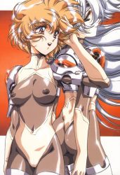 2girls :d adjusting_hair armor ass back-to-back bodysuit breasts brown_hair carol_(chirality) chirality covered_erect_nipples from_behind headband lipstick long_hair looking_back makeup medium_breasts multiple_girls navel nipples official_art open_mouth orange_eyes parted_bangs red_eyes scan see-through_clothes see-through_bodysuit shiny_clothes shiori shiori_(chirality) short_hair shoulder_pads skin_tight smile thighhighs turtleneck urushihara_satoshi very_long_hair white_hair