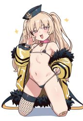 Rule 34 | 1girl, absurdres, anchor ornament, azur lane, bache (azur lane), bandaid, bandaid on knee, bandaid on leg, bikini, blonde hair, blush, choker, ebora, fang, fishnet thighhighs, fishnets, flat chest, fur-trimmed jacket, fur trim, hat, highres, jacket, kneeling, long hair, looking at viewer, micro bikini, off shoulder, ok sign, purple eyes, side-tie bikini bottom, single thighhigh, solo, sparkle, stomach, swimsuit, thighhighs, two side up, yellow jacket