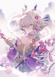 1girl absurdres arknights bandeau bare_shoulders blonde_hair blue_hair braid branch breasts chinese_commentary choker cleavage closed_mouth collarbone colored_extremities commentary_request crop_top dated dragon dragon_girl dragon_horns earrings eastern_dragon floater_(floater80012059) flower frilled_sleeves frills fruit_earrings grey_eyes hair_between_eyes hair_flower hair_intakes hair_ornament hair_over_shoulder highres holding holding_branch horns jacket jewelry long_hair long_sleeves medium_breasts multicolored_hair off_shoulder official_alternate_costume partial_commentary pink_flower pink_jacket pointy_ears shawl shu_(arknights) shu_(spring_feast)_(arknights) simple_bird smile solo sparkle watermark white_hair white_shawl yellow_bandeau yellow_choker