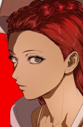 1girl ace_attorney amikoiiko bare_shoulders braid closed_mouth collarbone crown_braid dahlia_hawthorne dress from_side highres holding holding_umbrella long_hair looking_at_viewer looking_to_the_side phoenix_wright:_ace_attorney_-_trials_and_tribulations pink_lips pink_shawl pink_umbrella portrait purple_eyes red_background red_hair red_theme shawl simple_background solo spaghetti_strap sternocleidomastoid_muscle twin_braids umbrella white_dress