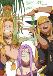 2025 3girls absurdres armlet bare_shoulders black_dress blonde_hair bracelet bracer breasts chin_piercing cleavage cleavage_cutout closed_eyes clothing_cutout collar dark-skinned_female dark_skin detached_sleeves dragon_girl dragon_horns dress face_piercing facial_mark fate/grand_order fate_(series) feathers forehead forehead_mark fur_collar glasses grin headband headdress highres horns jewelry large_breasts long_hair long_sleeves looking_at_viewer medusa_(fate) medusa_(rider)_(fate) multiple_girls neck_ring open_mouth parted_bangs piercing poncho purple_hair quetzalcoatl_(fate) short_dress sidelocks smile swept_bangs translation_request very_long_hair vritra_(fate) vritra_(second_ascension)_(fate) wide_sleeves yellow_eyes zakio