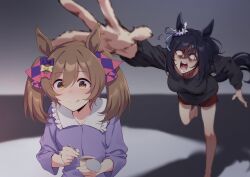 2girls :d absurdres animal_ears argyle_bow black_hair bob_cut bow breasts brown_eyes brown_hair commission ear_scrunchie eishin_flash_(umamusume) food hair_between_eyes hair_bow highres holding holding_spoon horse_ears horse_girl large_breasts long_sleeves motsunabe_(mo2nap3) multiple_girls open_mouth pajamas pink_bow pudding purple_bow scrunchie short_hair skeb_commission smart_falcon_(umamusume) smile spoon swept_bangs twintails umamusume white_scrunchie yellow_bow