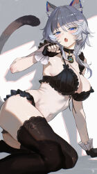 1girl absurdres animal_ear_fluff animal_ears black_bra black_gloves black_panties black_thighhighs blue_eyes blush bra breasts cat_ears cat_girl cat_tail cipher_(honkai:_star_rail) fang fingerless_gloves gloves grey_hair highres honkai:_star_rail honkai_(series) large_breasts looking_at_viewer maria_(maria_rose) navel open_mouth panties short_hair skin_fang solo stomach tail thighhighs underwear underwear_only