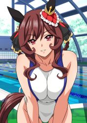 1girl absurdres animal_ears braid braided_hair_rings breasts brown_hair commentary_request competition_swimsuit ear_covers gentildonna_(umamusume) hair_rings heart-shaped_ornament heart_ear_ornament highres horse_ears horse_girl horse_tail indoors lane_line large_breasts leaning_forward long_hair looking_at_viewer one-piece_swimsuit parted_lips pool red_eyes sidelocks smile solo swimsuit tail umamusume white_one-piece_swimsuit yuuyuu_(3jjbn)