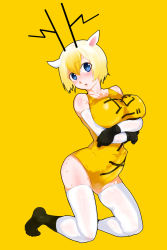 1futa absurdres animal_ears antlers blonde_hair blue_eyes blush breasts breasts_squeezed_together bulge chidejika deer_antlers elbow_gloves futanari gloves highres horns huge_breasts japan_commercial_broadcasters_association kneeling latex latex_gloves one-piece_swimsuit school_swimsuit scotch_(blaze) short_hair socks solo sweat swimsuit thighhighs white_socks