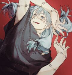 Rule 34 | 1boy, androgynous, arm above head, arm up, black shirt, blue eyes, commentary, cursed spirit (jujutsu kaisen), dutch angle, grey hair, hair between eyes, heterochromia, highres, jujutsu kaisen, long hair, mahito (jujutsu kaisen), male focus, mim (mimya0600), parted lips, shirt, solo, stitched arm, stitched face, stitched neck, stitched wrist, stitches, symbol-only commentary, tongue, tongue out, upper body, yellow eyes